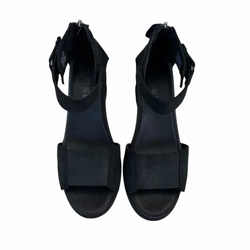 Sorel Joanie II Black Leather Ankle Strap Wedge Sandal Size 9 - Picture 2 of 6